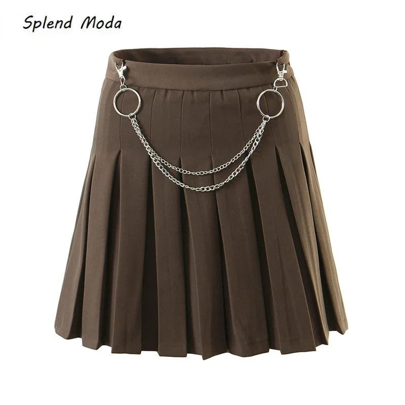 

Splend Moda Vintage 2021 Autumn New Fashion Sexy College Style Chain Pleated Skirt High Waist A-line Short Mini Skirt Women