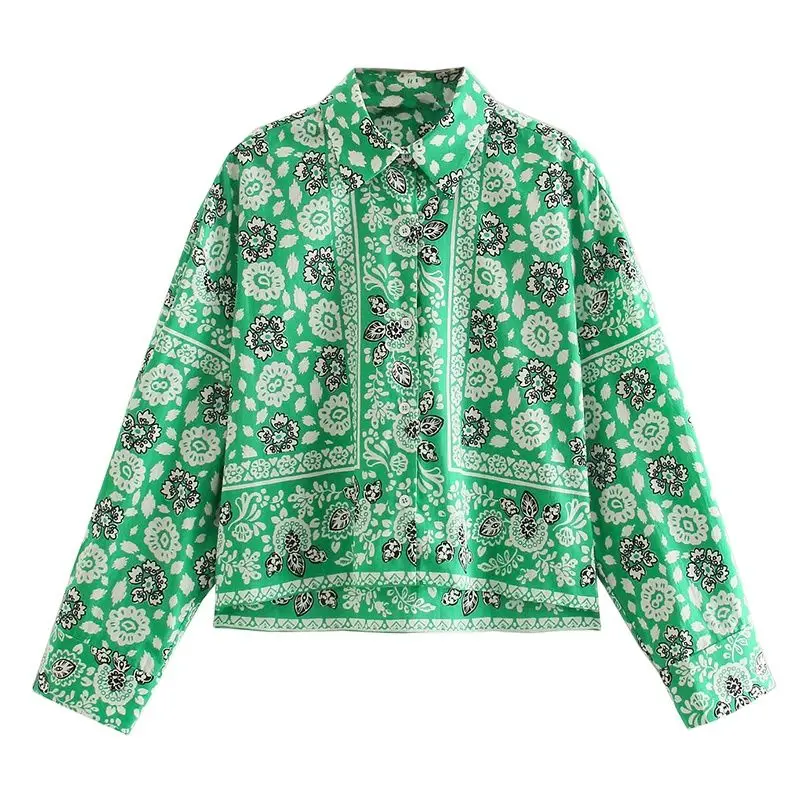 

REUL Za Women 2021 Fashion Button Print Green Blouses Vintage Lapel Collar Street Long Sleeve Female Set Shirts Blusas Chic Tops