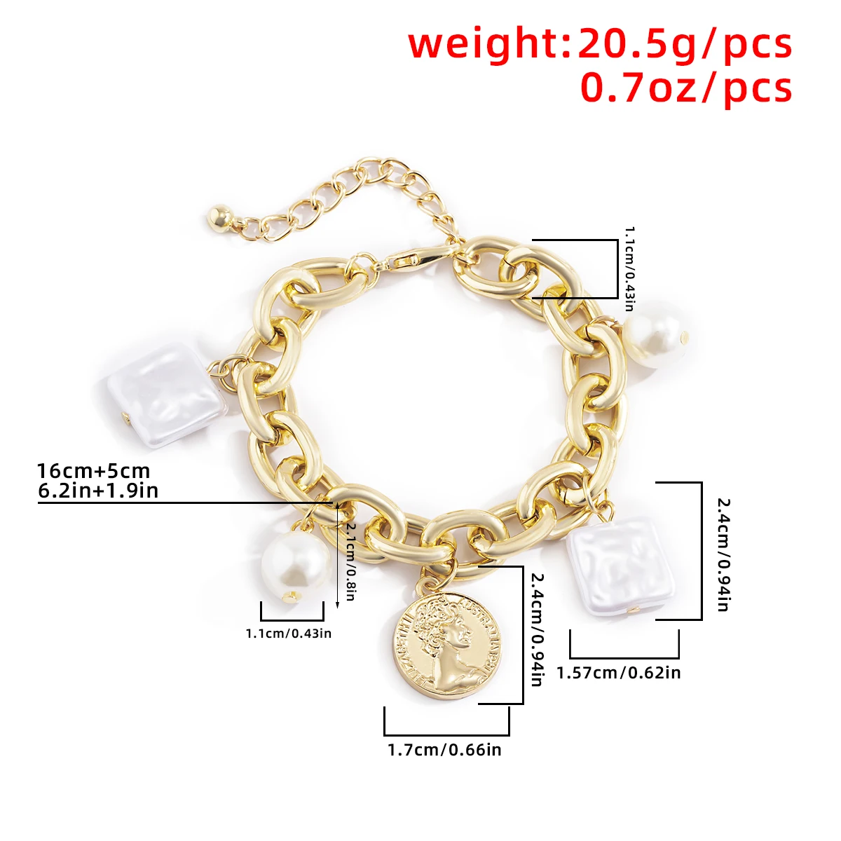

Retro Chunky Chain Bracelets Bangles for Women Fashion Portrait Coin Imitation Pearls Pendant Couple Bracelet Punk New Jewelry