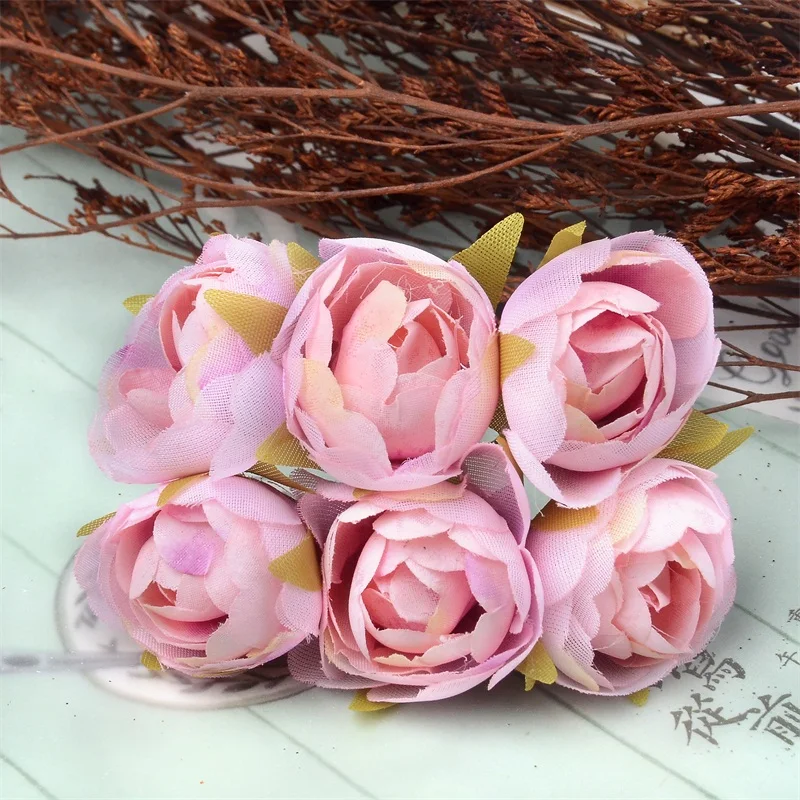 pink 6 шт./букет, Чайные розы, букет для рождественского дома, свадебные украшения, дешевые поддельные искусственные шелковые цветы для рукоделия - Цвет: pink
