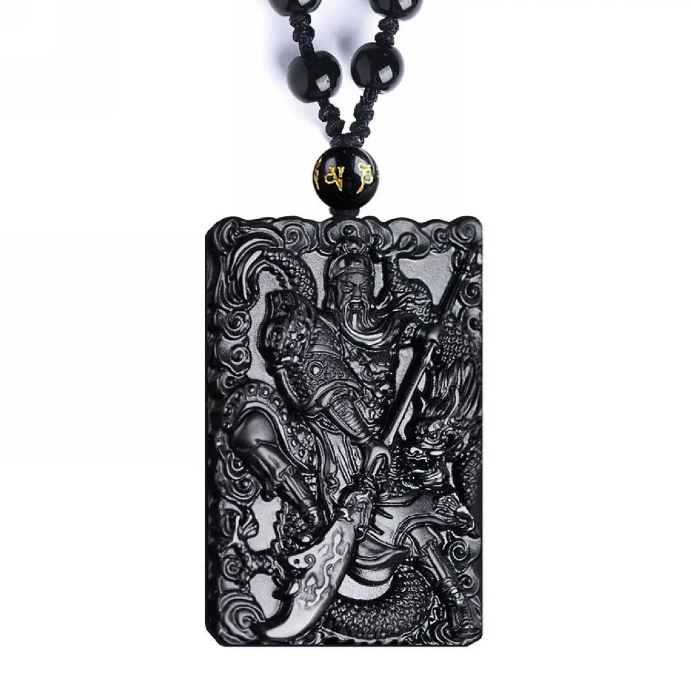 

Natural black obsidian crystal Dragon Guan Gong guan yu Necklace Hold broadsword Pendant bead