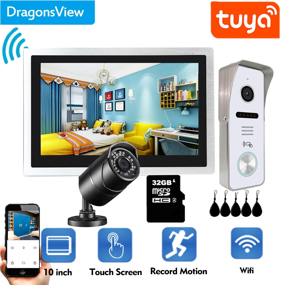 

Dragonsview 10 Inch Touch Screen Wireless Home Intercom Video Door Phone Wifi 960P Doorbell Camera RFID Unlock Record Remote