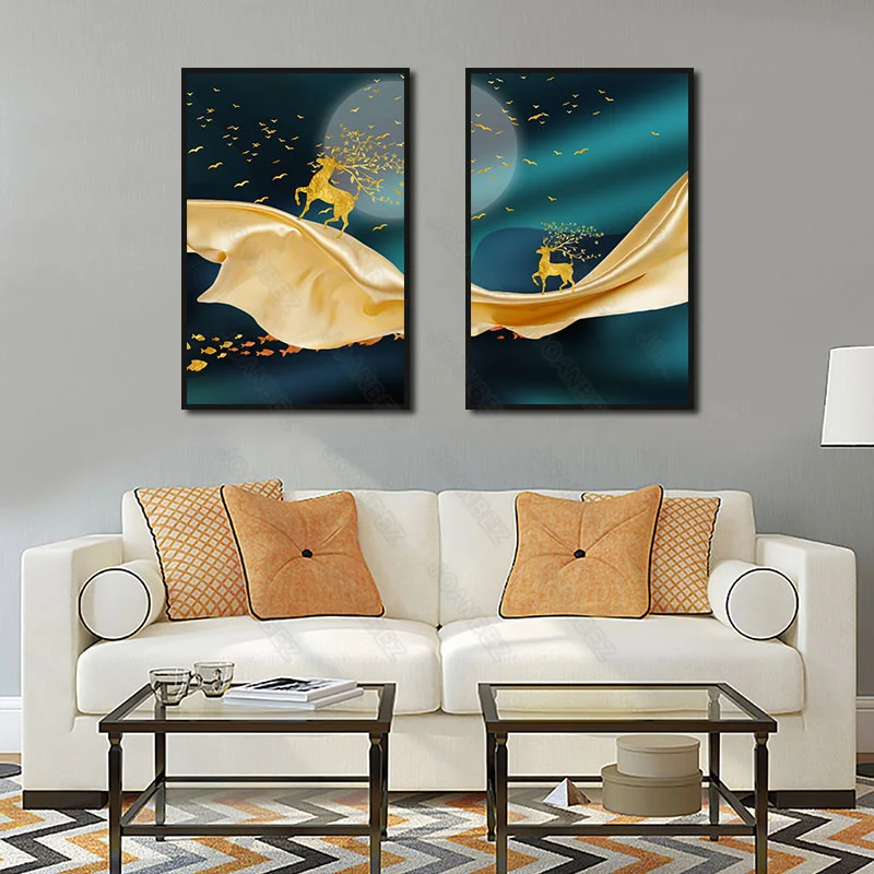 

Modern impressionic canvas material elk with tree imagination combination pattern background poster decorative living room