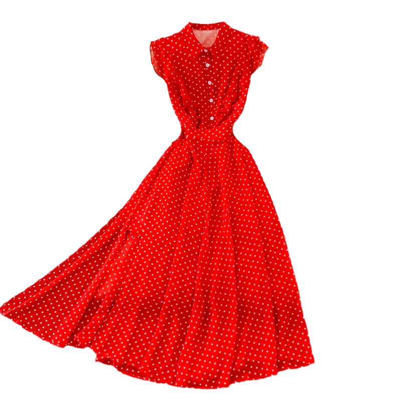 

Sanya Tourism standing collar wave point large swing long dress summer new super fairy Ruffle Lapel high waist dress women