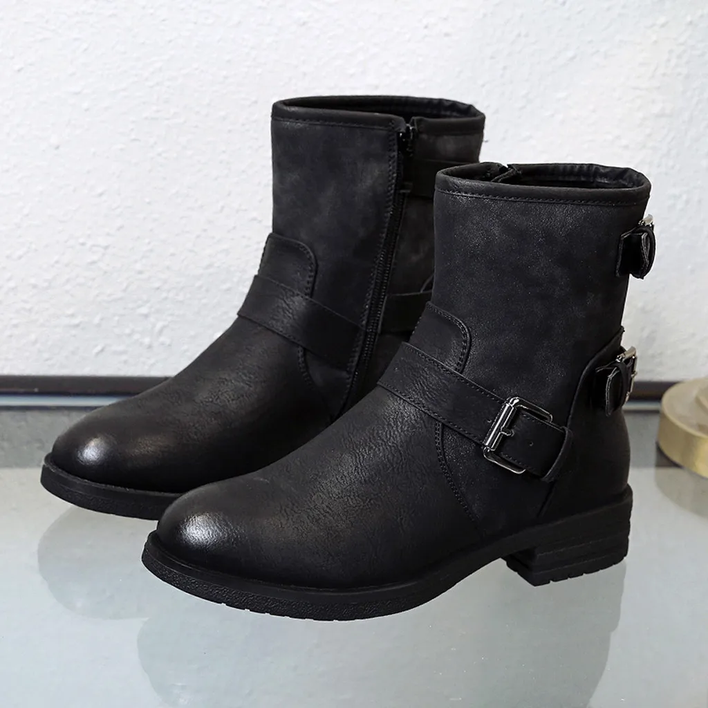 Модные женские классические ботильоны зимние черные кожаные байкерские