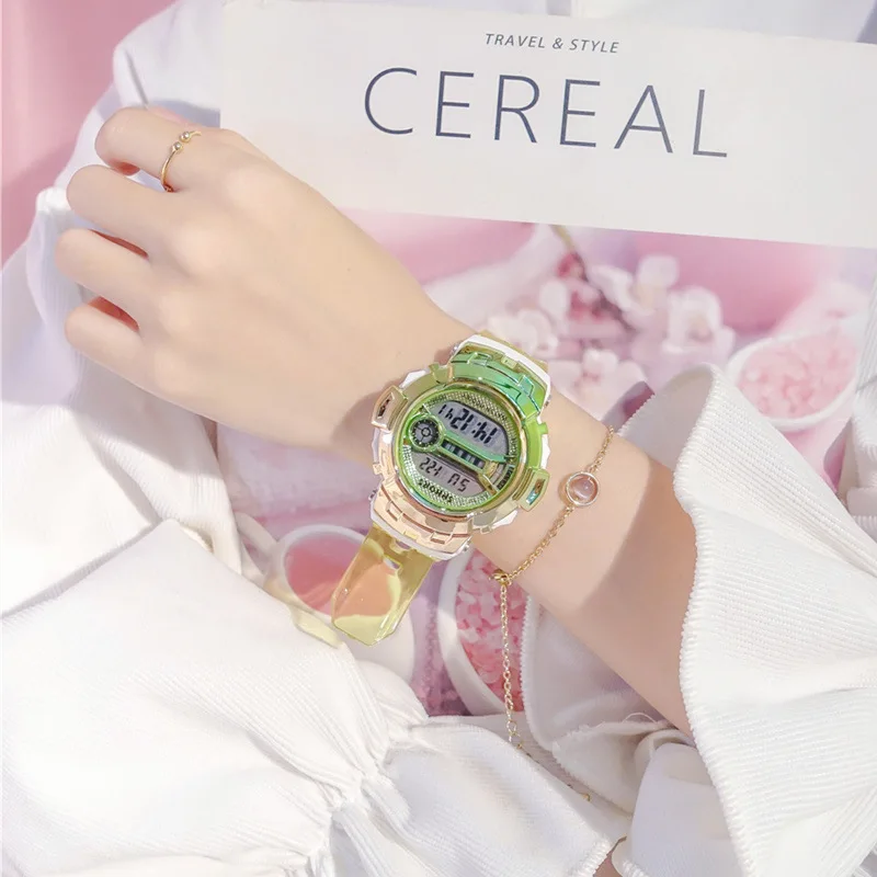 Модные уникальные прозрачные красочные светодиодный женские спортивные часы