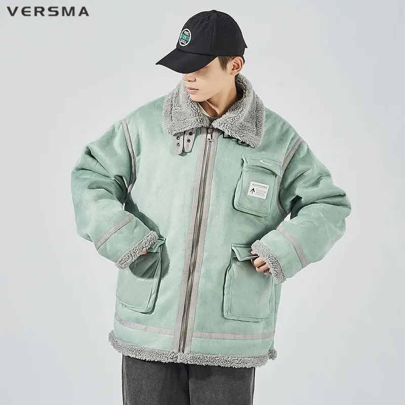 VERSMA японская модная зимняя куртка из овечьей шерсти мужское пальто флиса больших