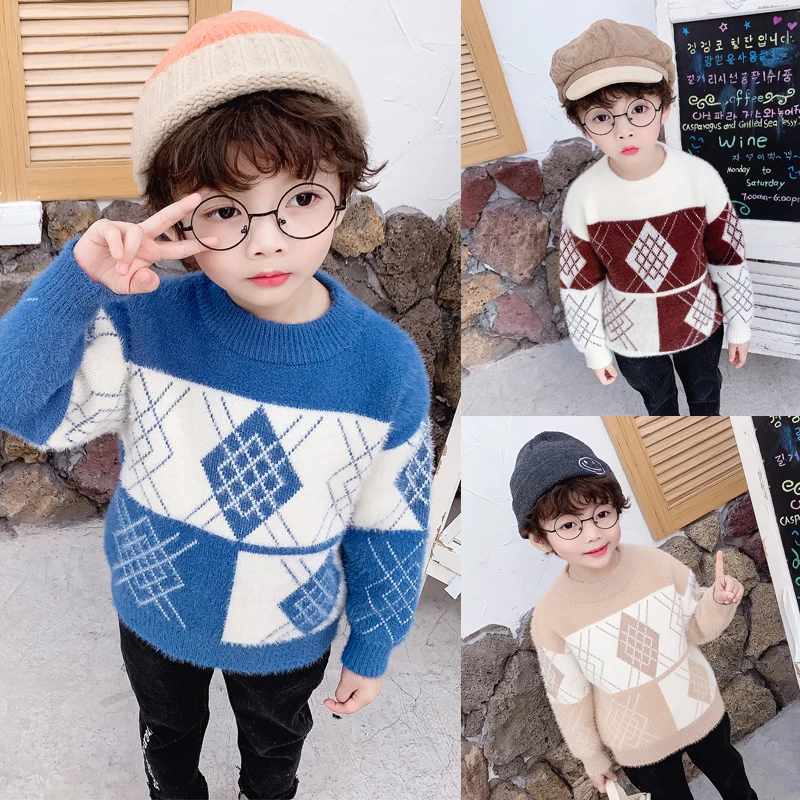 

Boy's Pullover 2019 New Style for Autumn and Winter Children like Mink Western Style Thickened zhong xiao tong Baby Sweater