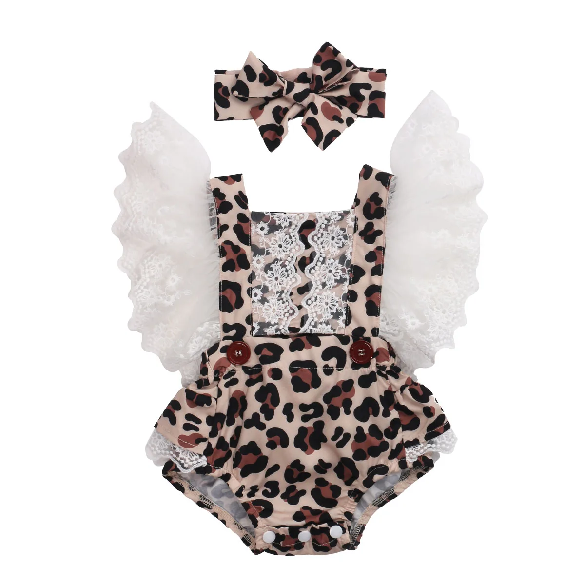 

0-24M Newborn Boys Girls Leopard Bodysuits Headband 2Pcs Lace Ruffles Sleeve Print Jumpsuits Outfits Clothing