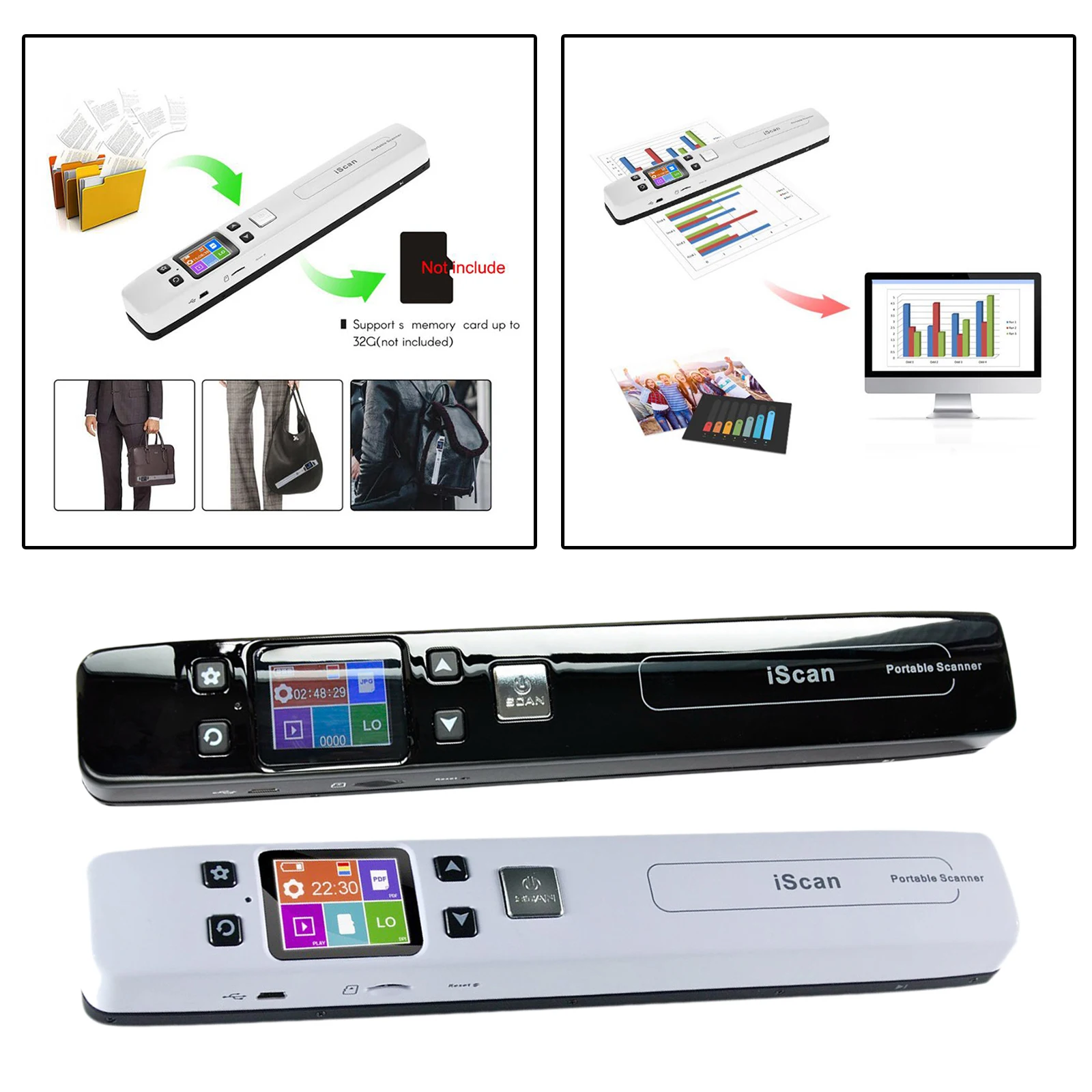 

Mini Iscan Document & Images Scanner A4 Size JPG/PDF Formate Wifi 1050DPI High Speed Portable LCD Display for Business Receipts