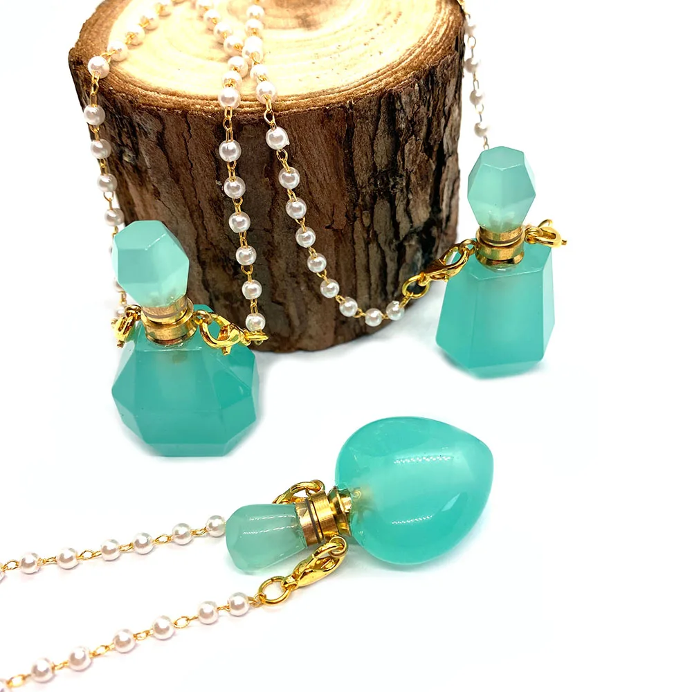 

Natural Stone Perfume Bottle Blue Crystal Necklace Two Hole Pendant Reiki Small Bottle Aromatherapy Essential Oil Bottle