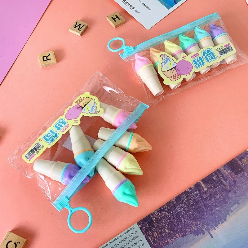 

C5AB 6pcs Cute Mini Highlighter Pen Kawaii Cartoon Ice Cream Shape Fluorescent Marker Pens School Office Stationery Supply