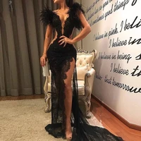sexy side high split prom dresses 2021 deep v neck lace feathers pleat formal evening party gown for women tulle sweep train