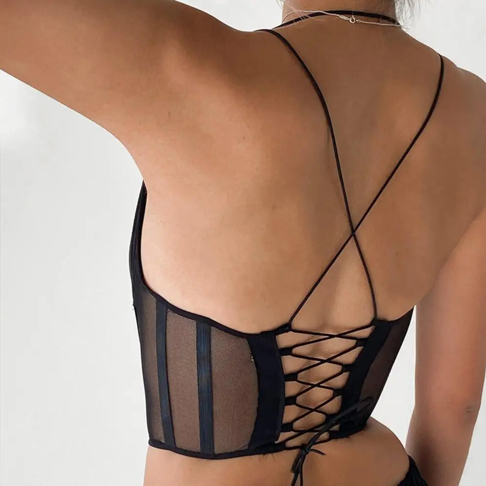 

2021 Short Tanks Tops Women Sexy Sleeveless Lace Up Spaghetti Strap Mesh Girdle Camisole Vest Crop Top For Club