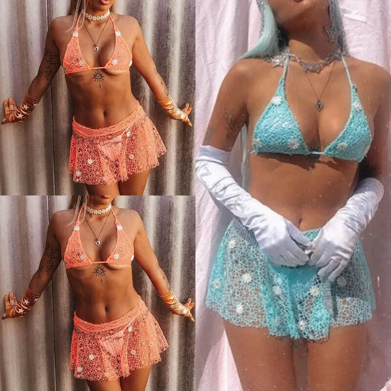 Women Monokini Swimsuit Lace Crochet Flower Bikini Skirt Push Up Bathing Suit Beach Swimwear Summer Only Skirts | Женская одежда