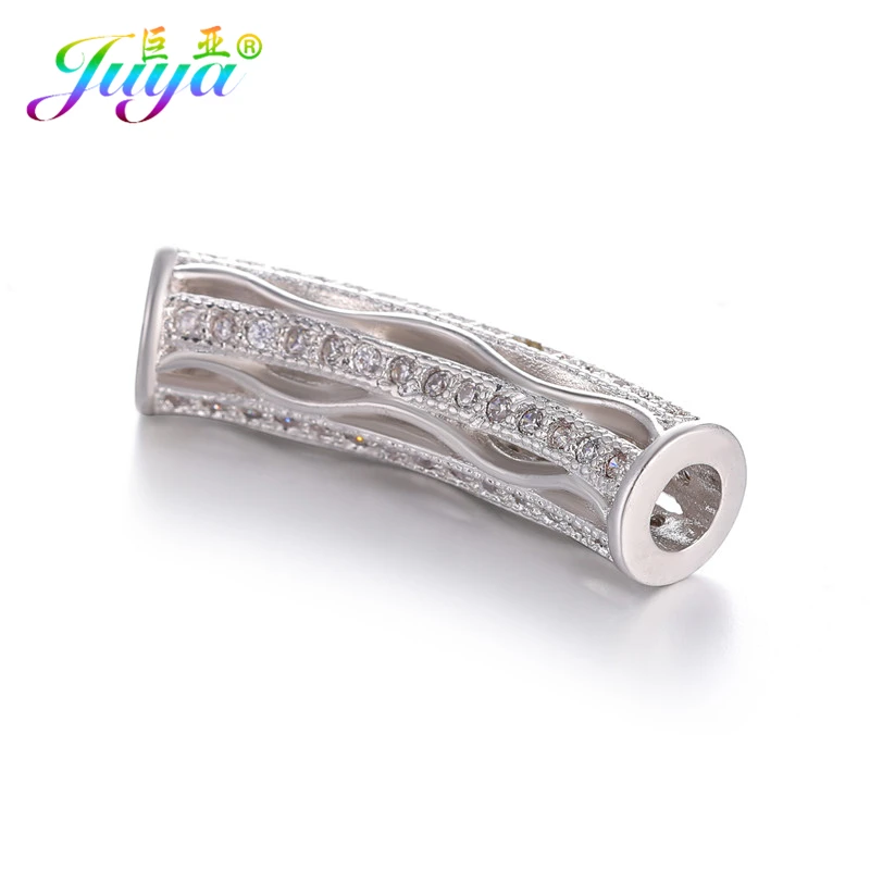 White Gold Juya DIY золотые/серебряные/розовые золотые разделительные бусины, поставки, микро проложенные циркониевые изогнутые трубчатые бусины для изготовления ювелирных изделий из натурального камня и жемчуга - Цвет: White Gold
