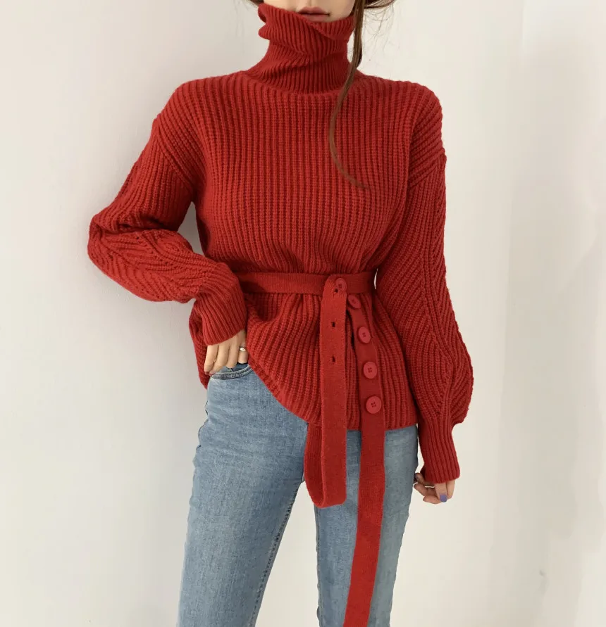 

Autumn and winter lazy wind high-neck elegant lace-up waist knit sweater was thin and thick fashion split sweater women tide