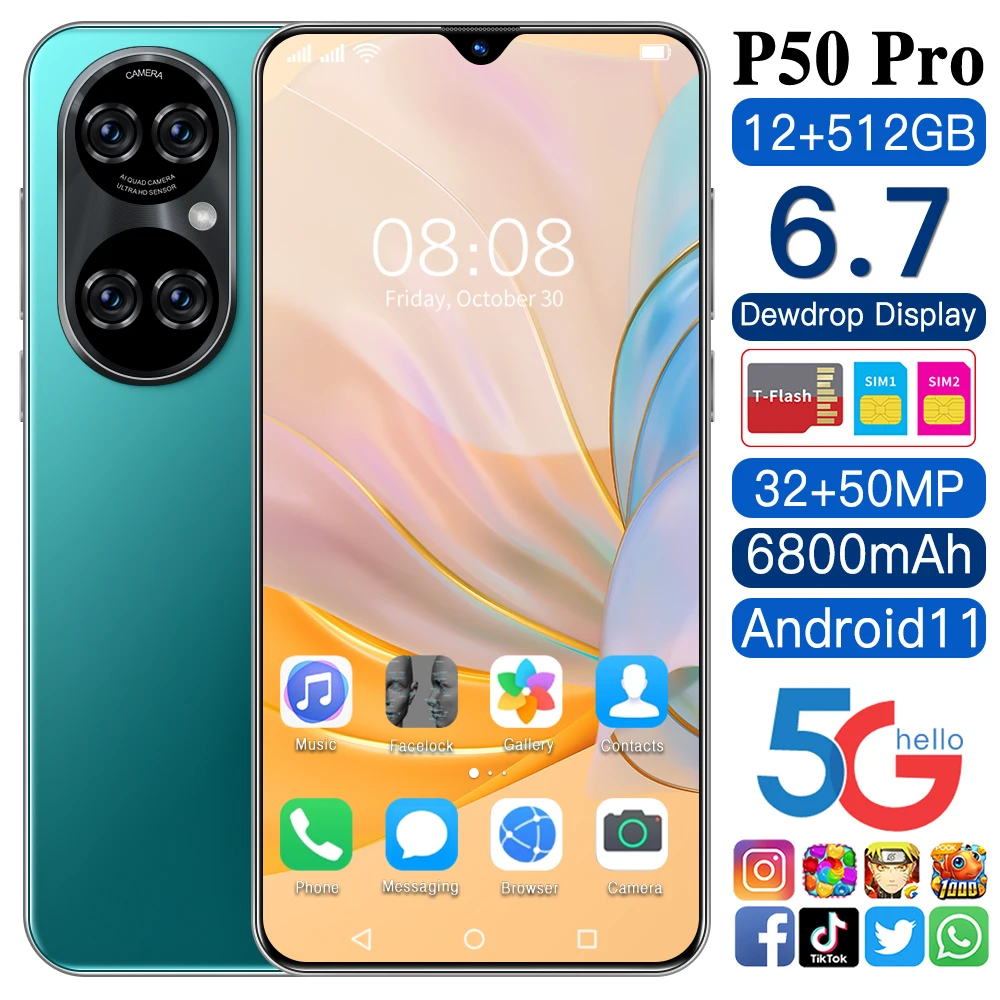 

Cheapest Smart Phone P50 Pro16GB+512GB 32MP+50MP Camera 6.7 Inch Full Screen Smartphone 6800mAh 5G Cell Phone Global Version new