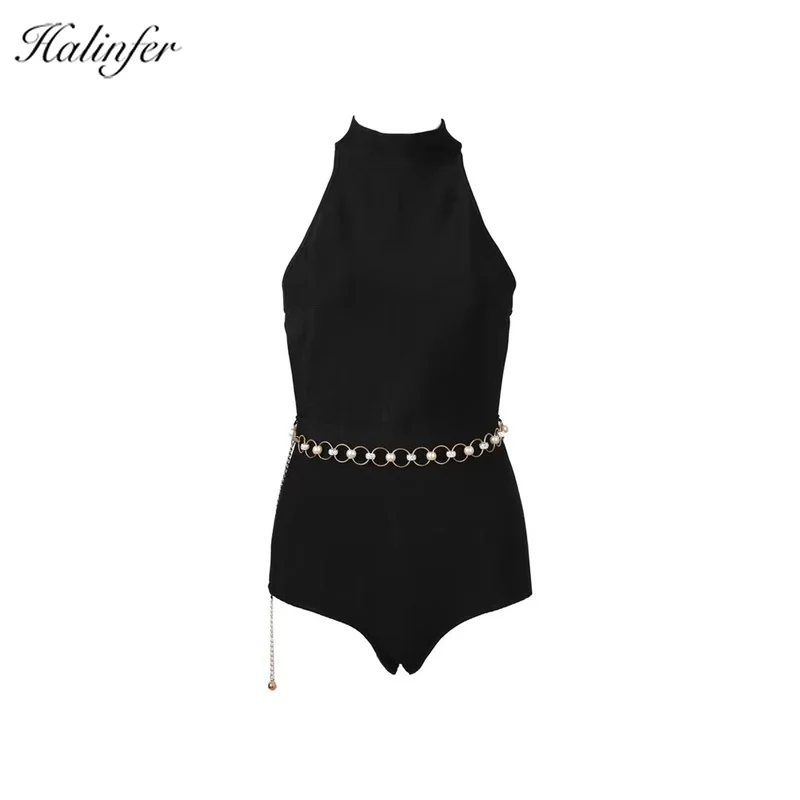 Sexy Deep Bodysuit Women Chest-wrapped high collar Shoulder-exposed black pants Girdle belt Summer Jumpsuit Leotard Bodies