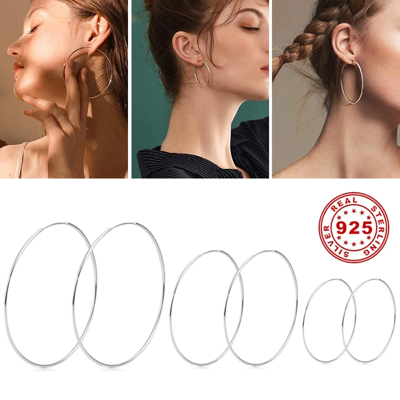 

Hoop Earrings 925 Sterling Silver Big Round Circle Smooth Huggie Earring for Women Simple Party Loop Ear Jewelry Gift 25mm- 70mm