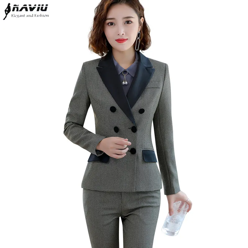 Осенне зимний новый клетчатый костюм со штанами женский модный деловой