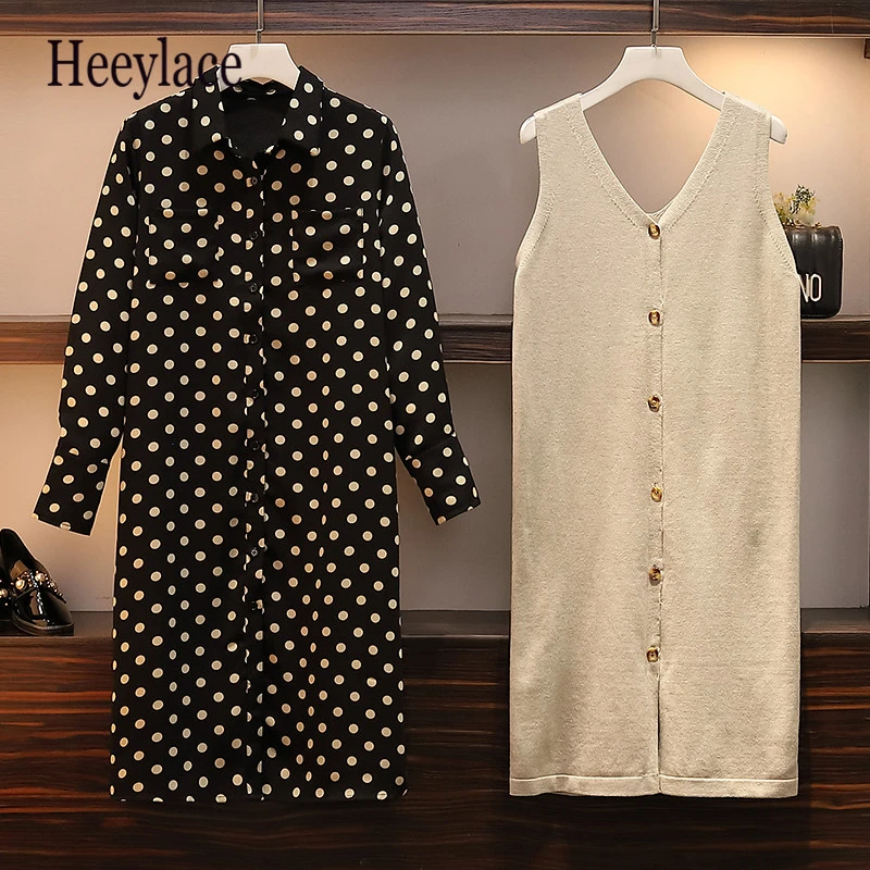 Фото Two-piece Set Women Clothes 2019 Autumn Korean Oversized New Dot Long Sleeve Shirt Dress +vest Sweater Suits XL-5XL Женская одежда Two-piece Set Women Clothes 2019 Autumn Korean Oversized New Dot Long Sleeve Shirt Dress +vest Sweater Suits XL-5XL Женская одежда