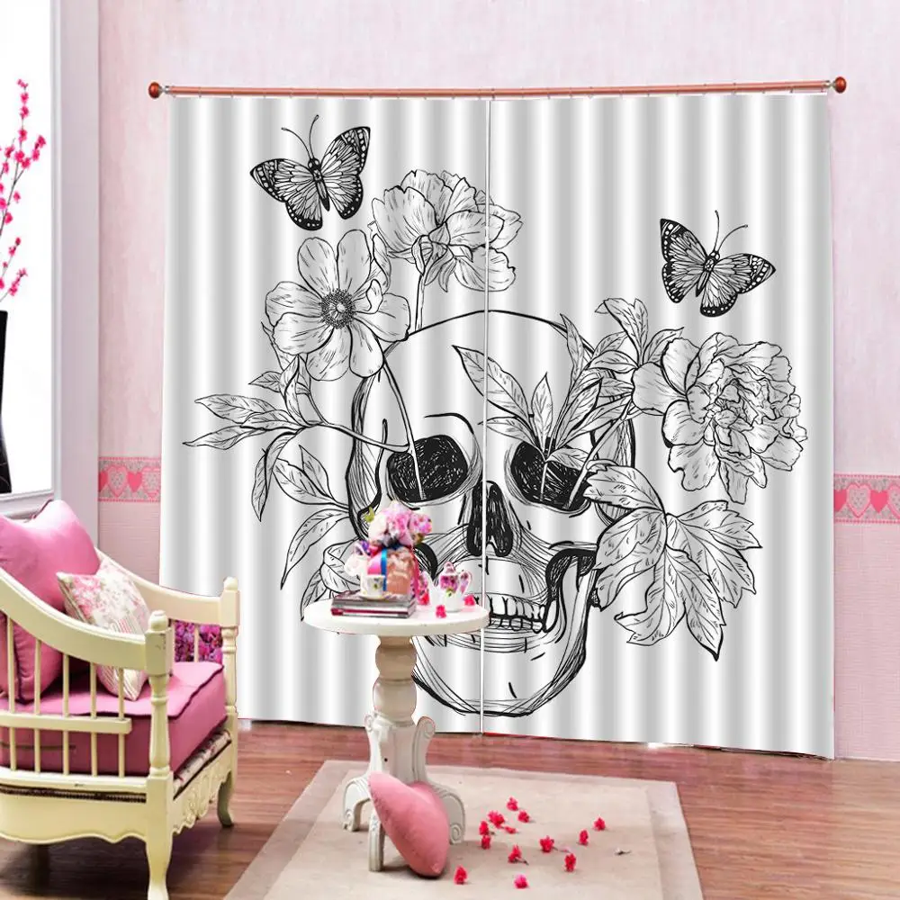 Простой рисунок скетчей череп голова серия лист цветок с бабочкой занавеска