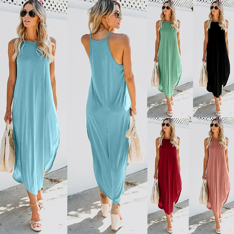 Женское летнее длинное платье новое модное однотонное без рукавов на бретельках