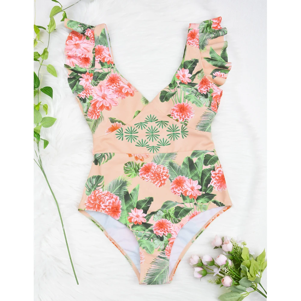 

Solid Swimsuit Off The Shoulder Swimwear Women Swimsuit Deep V Bathing Suit Beach Wear Swim Suit 2021 New Sexy Ruffle One Piece