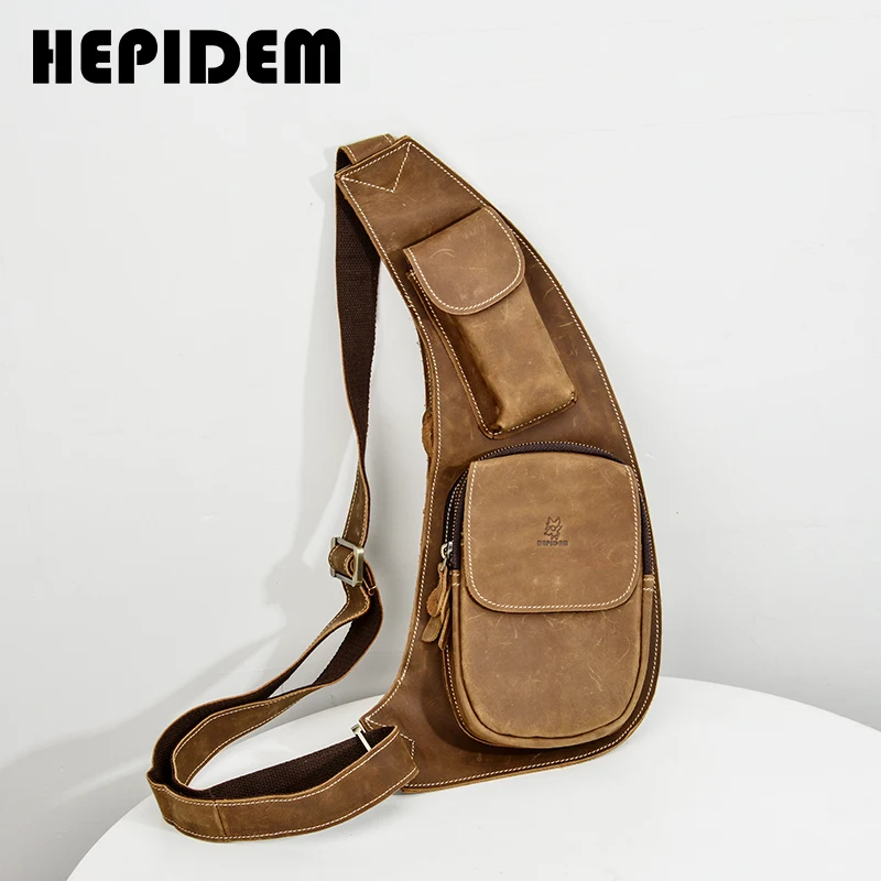 HEPIDEM Crazy Horse Leather Chest Bag Men Fashion Casual Crossbody Travel FBI Genuine Leather Bags 3011