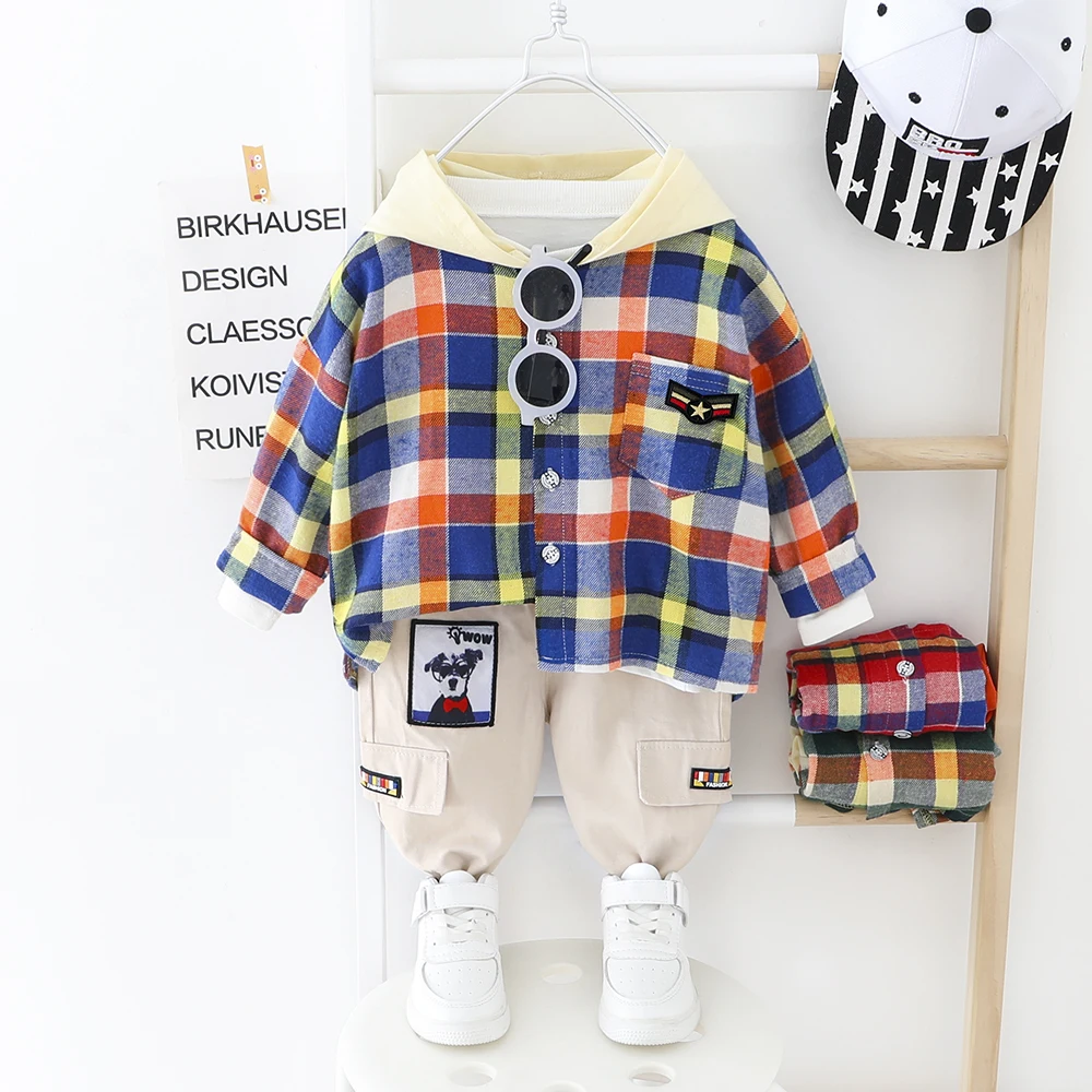Одежда для малышей платье в клетку мальчиков и девочек топ с капюшоном + штаны