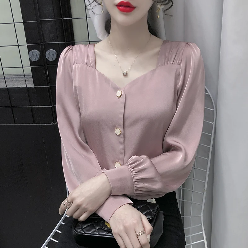 

Houthion Silk Slim Women's Blouses Long Sleeve Top New Casual Blouse Fashion Solid Color Buttons Shirt Spring/autumn