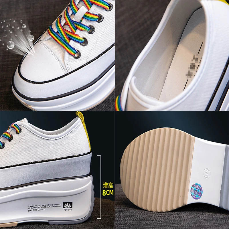 

Black Patchwork Sewing Canvas Shoes Designer Colour Lace-Up Chunky Heighten Shoes 8CM Outdoors Geared Non-Slip Casual Shoes