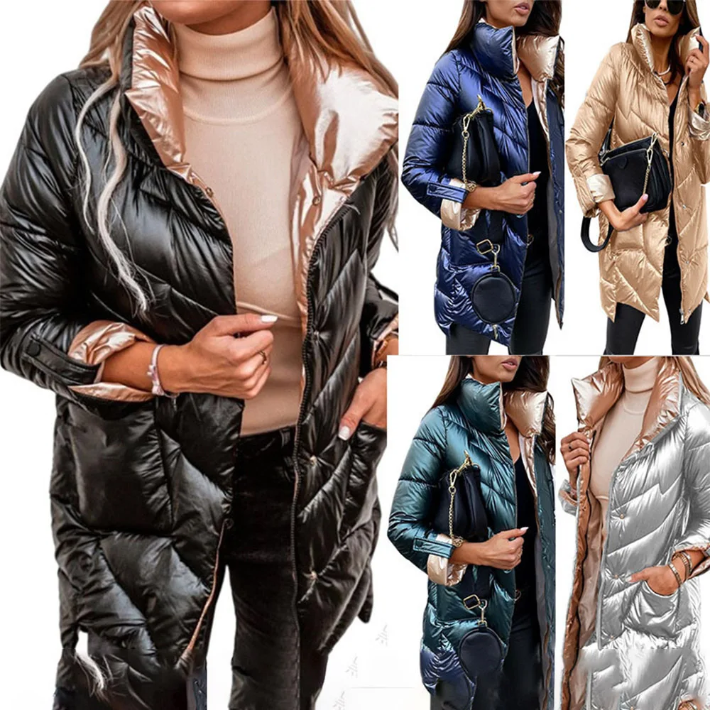 Women's Winter Patchwork Jacket Oversized Jacket Casual Parker Cotton Thicken Jacket Warm Quilted Stand Collar Down Jacket