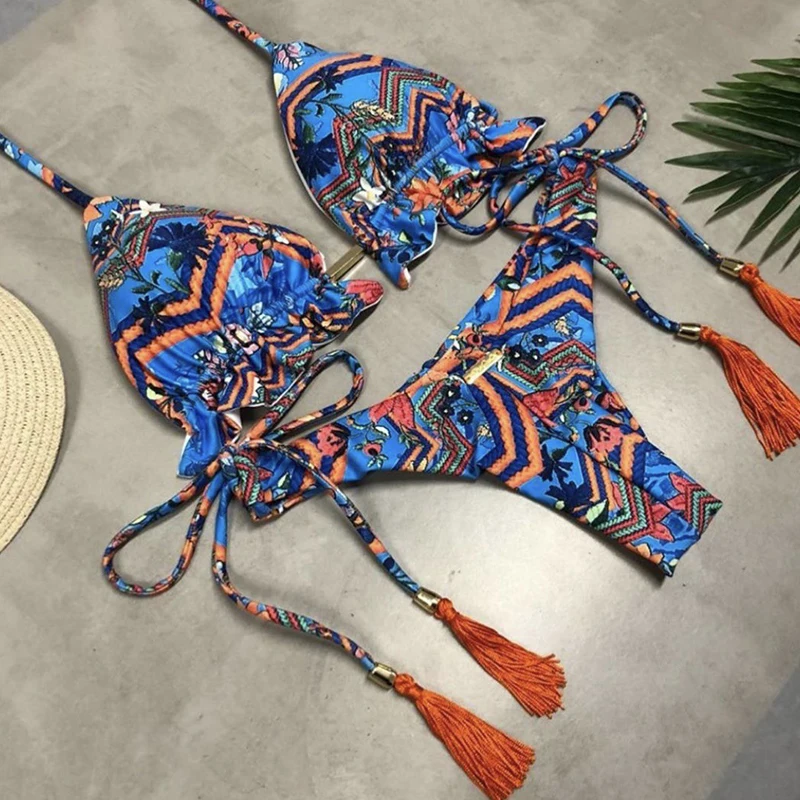 

2021 Split Women's Printed Swimsuit Hot bikini set Sexy Triangle Swimwear Flower Print Lace Bikinis