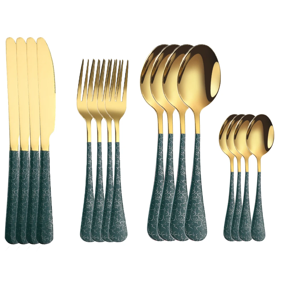 

Dinner Fork Knives Spoons Silverware Flatware Western 16Pcs Cutlery Set Stainless Steel Tableware Dinnerware Green Gold Pattern