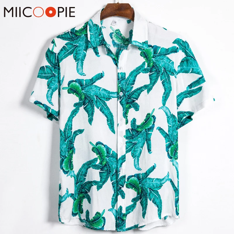 

Летняя гавайская рубашка с принтом зеленых листьев, Мужская брендовая хлопковая мягкая дышащая рубашка с коротким рукавом, мужская повседн...
