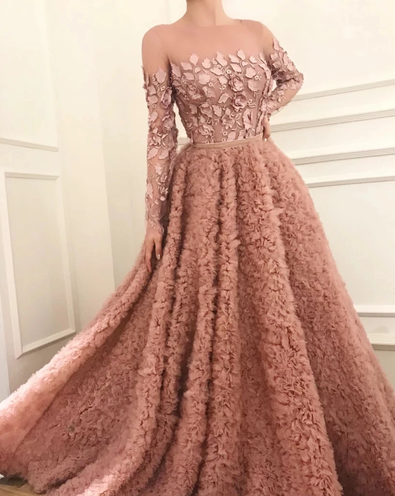 

Pink Moroccan Evening Dresses A-line Long Sleeves Tulle Appliques Ruffles Long Turkey Dubai Saudi Arabia Prom Dress Gown