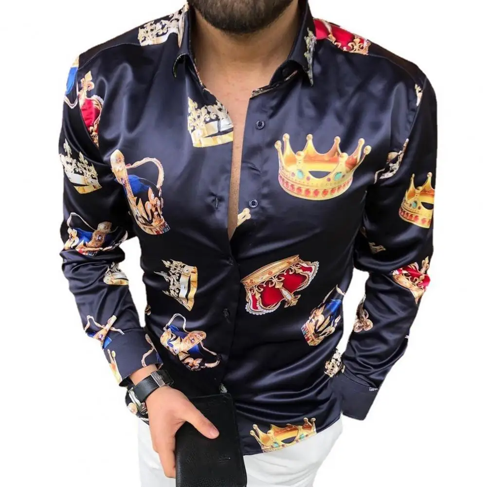 

Dropshipping!! Crown Print Men Shirt Turn-down Collar Smooth Long Sleeve Buttons Slim Shirt Streetwear