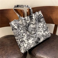 burminsa embroidery canvas large shopping tote bags for women unique design acrylic chain painting flower female shoulder bags