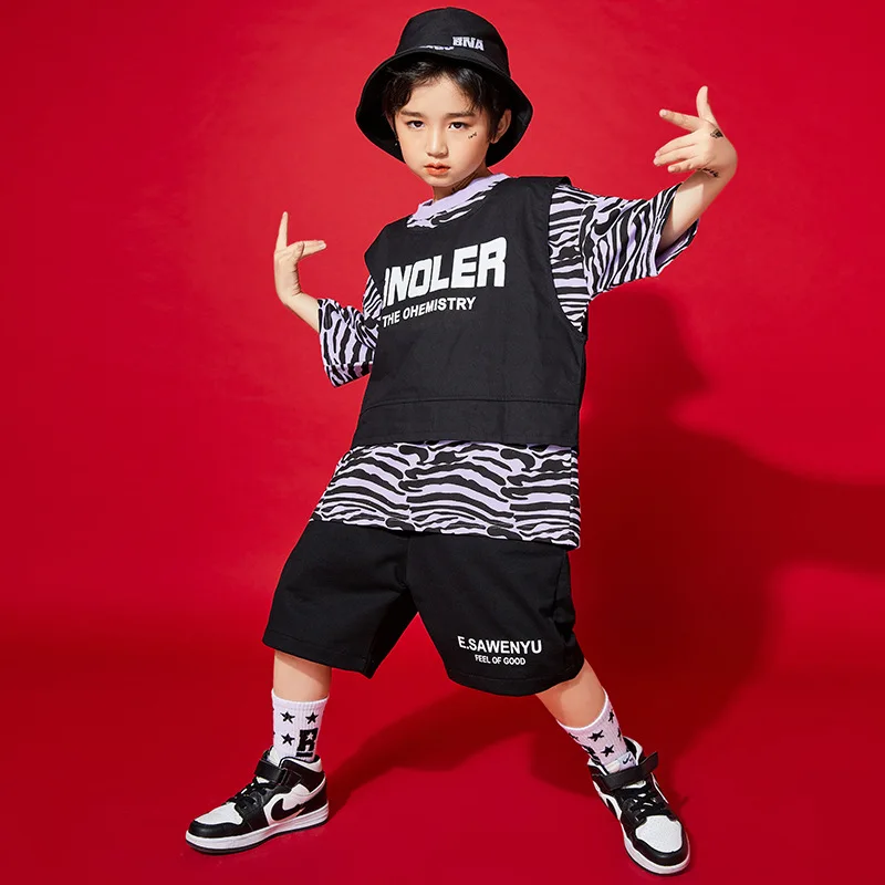 

Boys Hip Hop Striped Tee Girls Letter Sports Shorts Child Summer Crop Tank Top Loose T-shirt Street Dance Kid Streetwear Costume
