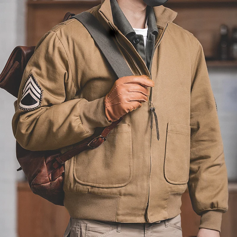 

Men’s Brown Military Flight Bomber Jackets Vintage Pilot Aviator Monocycle Jacket Slim Fit With Patches Stand Collar