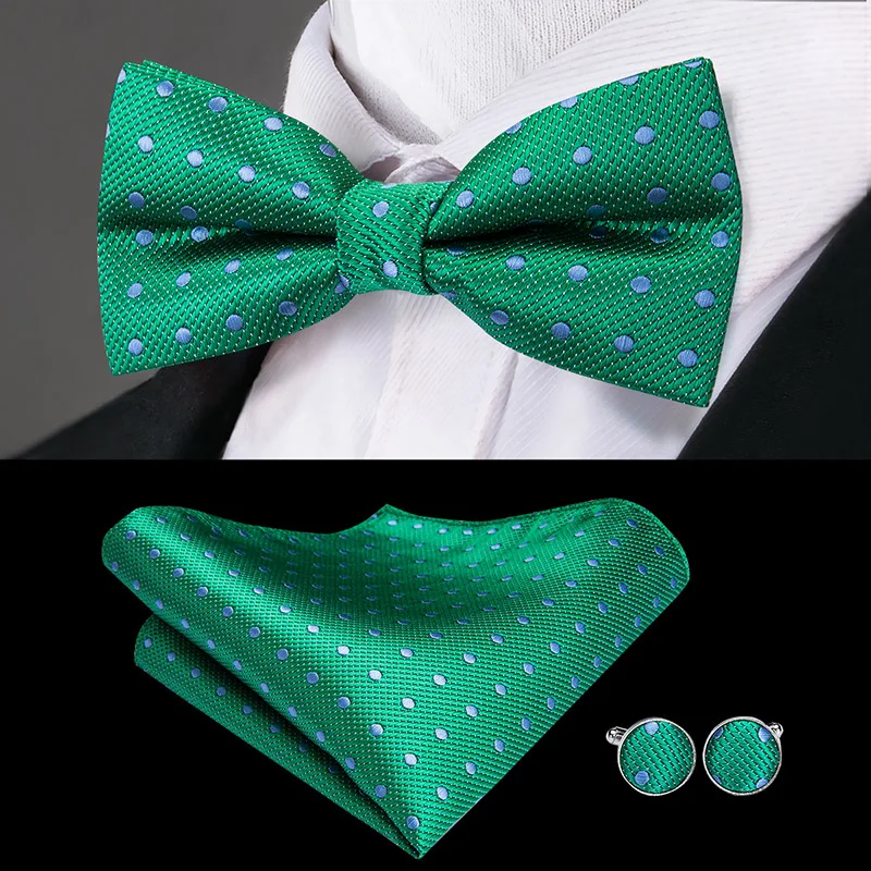

Hi-Tie 140cm Long 100% Silk Adult Men's Suspender Bow tie Set Leather Metal 6 Clips Elastic Braces Men Fashion Green Dot