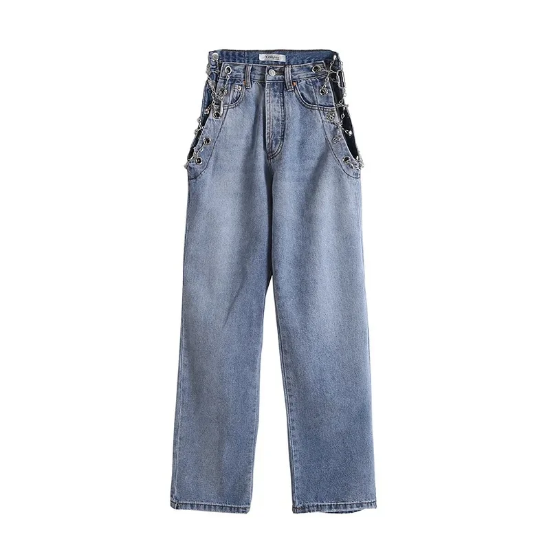 

net red trend European and American Sexy chain jeans women's summer hollow high waisted daddy Jeans Straight pants