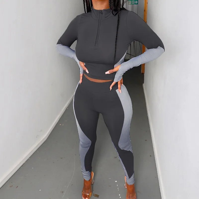 

2021 Women 2 Two Piece Set Long Sleeve Crop Tops Patchwork Tshirt Leggings Pants Sport Bodycon Tracksuit Set