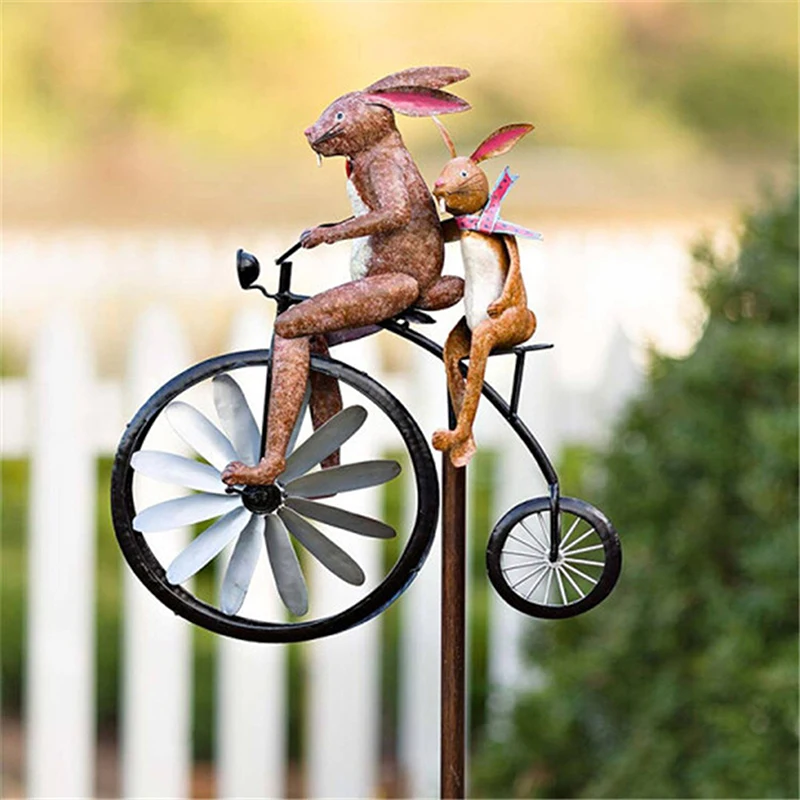 

Vintage Bicycle Wind Spinner Metal Stake Frog Riding Motorcycle Windmill Decor