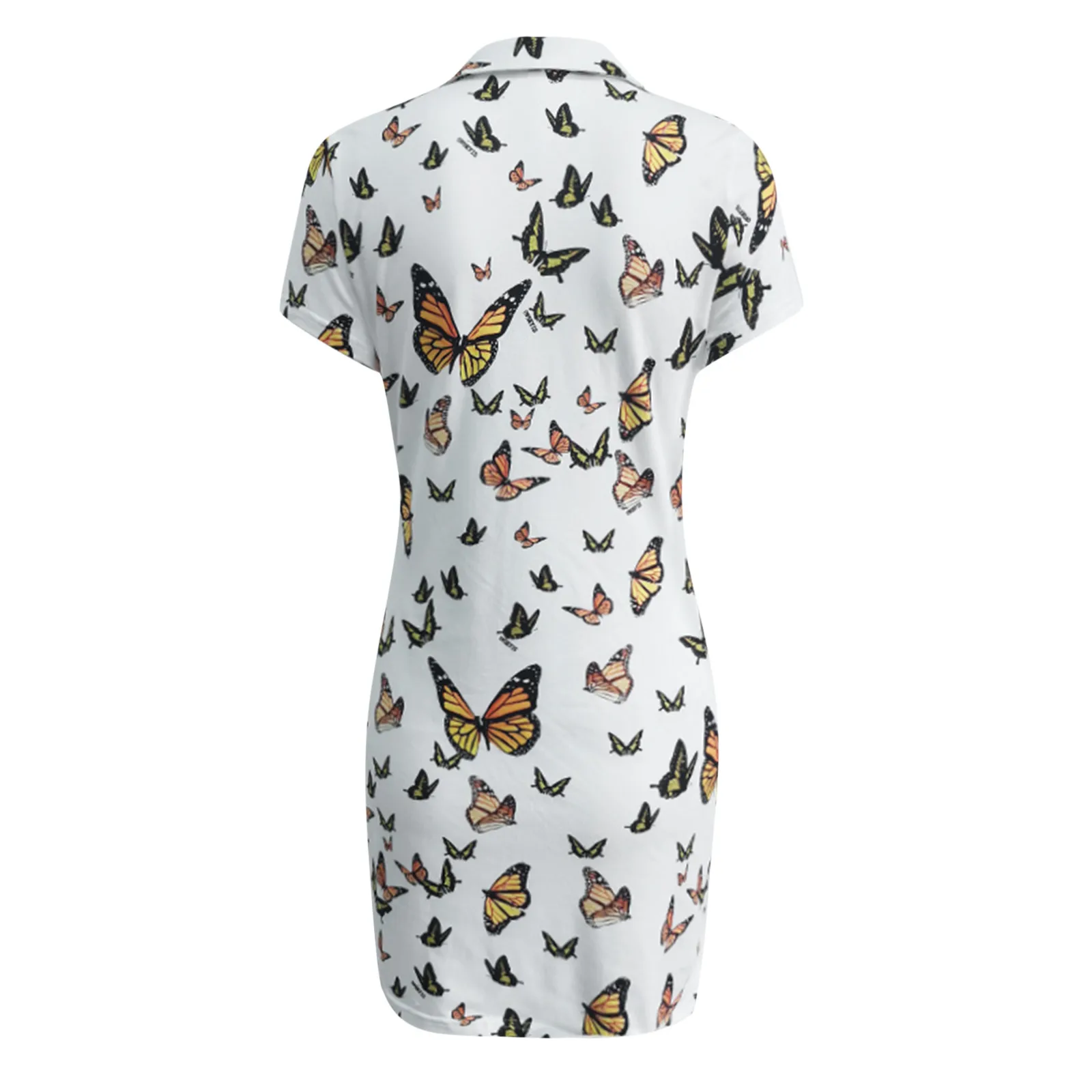 

40# Sexy Sheath Butterfly Printed Summer Dress Turn-down Collar Short Sleeve Dress 2021 Vintage Temperament Dress Mini Vestidos