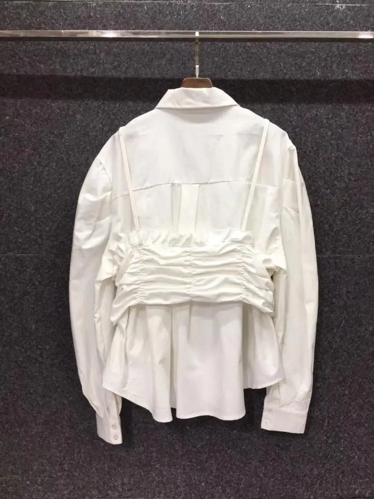 

Fashion Women 2021 Spring Summer Shirts Blouses Female Full Puff Sleeve Loose Fake Two Pieces Korean Solid Casual Tops WB74