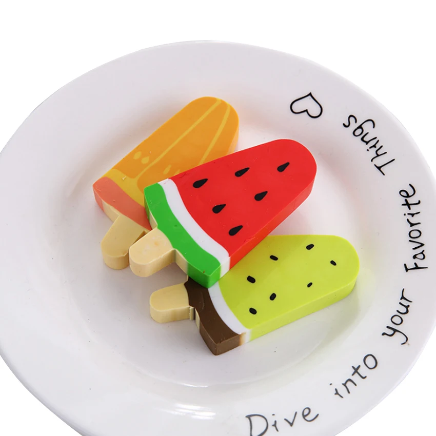 

12pcs/lot Kawaii Eraser Cute Watermelon Kiwi Popsicle Rubber Eraser Random Cute Stationery School Office Supplies Student Gift