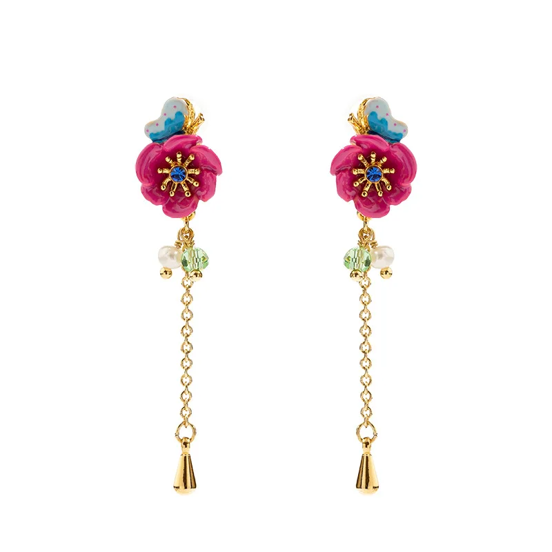 

New hand-painted enamel glaze net red flower butterfly earrings s9252 silver needle fashion temperament long earrings female